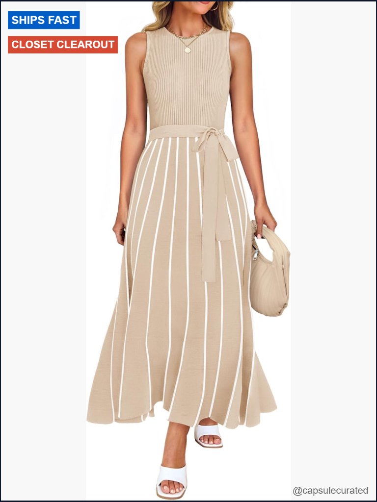 Sleeveless Crewneck Ribbed Knit Tie Waist Maxi Dress Sweater Casual